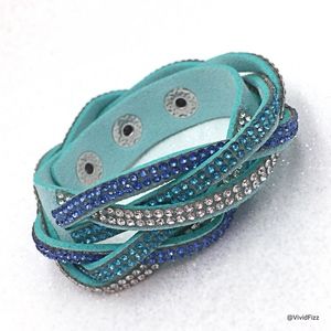 Rhinestone and Leather Wrap Bracelet, blue, aqua